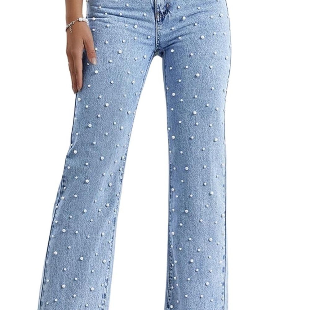 Women's Light Blue Pearl Embellished Jeans